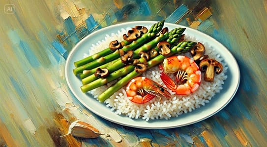 jimeng-2025-06-30-248-create a plate of asparagus, mushrooms, grilled shrimp on a bed of rice using ...